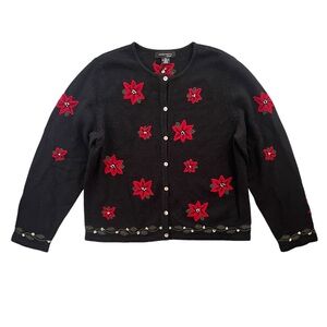 Statements By Danielle Women’s Size XL Black Red Poinsettia Lambs’ Wool Cardigan